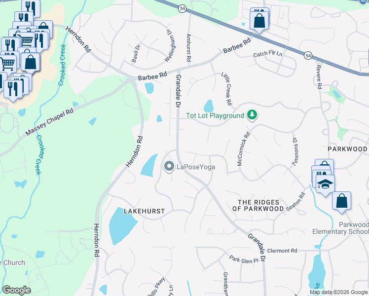 map of restaurants, bars, coffee shops, grocery stores, and more near 907 Limerick Lane in Durham
