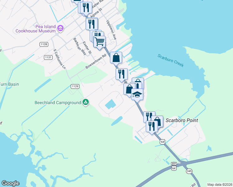 map of restaurants, bars, coffee shops, grocery stores, and more near 602 Vista Lake Drive in Manteo