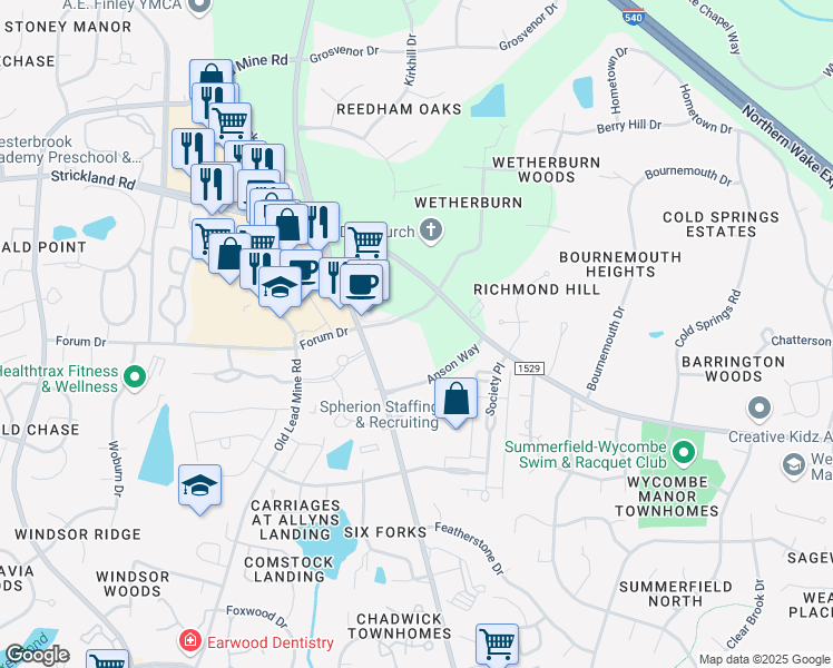 map of restaurants, bars, coffee shops, grocery stores, and more near 8540 Colonnade Center Drive in Raleigh