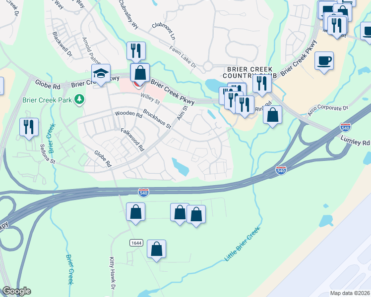 map of restaurants, bars, coffee shops, grocery stores, and more near 10211 Brokers Tip Lane in Raleigh