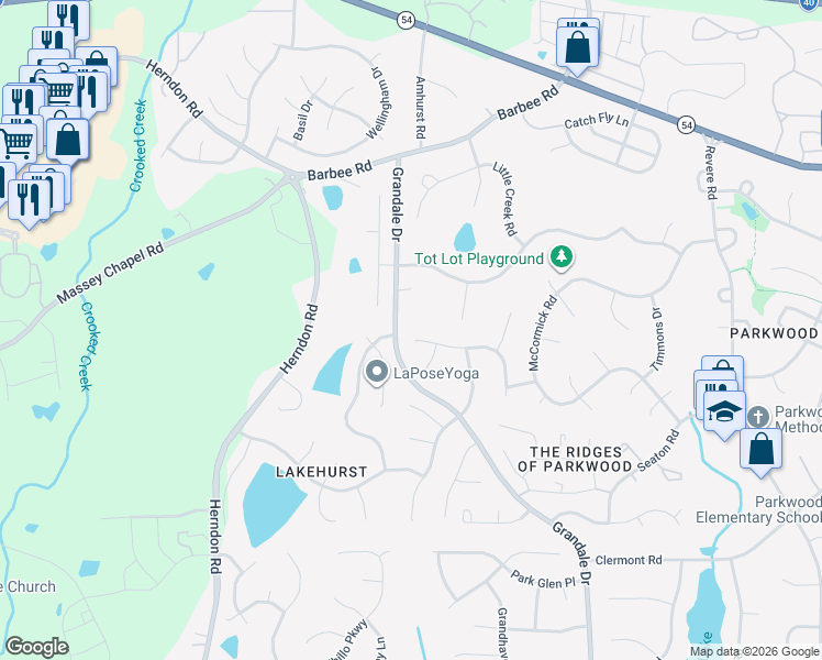 map of restaurants, bars, coffee shops, grocery stores, and more near 907 Limerick Lane in Durham