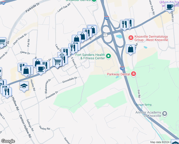 map of restaurants, bars, coffee shops, grocery stores, and more near 134 Durwood Road in Knoxville