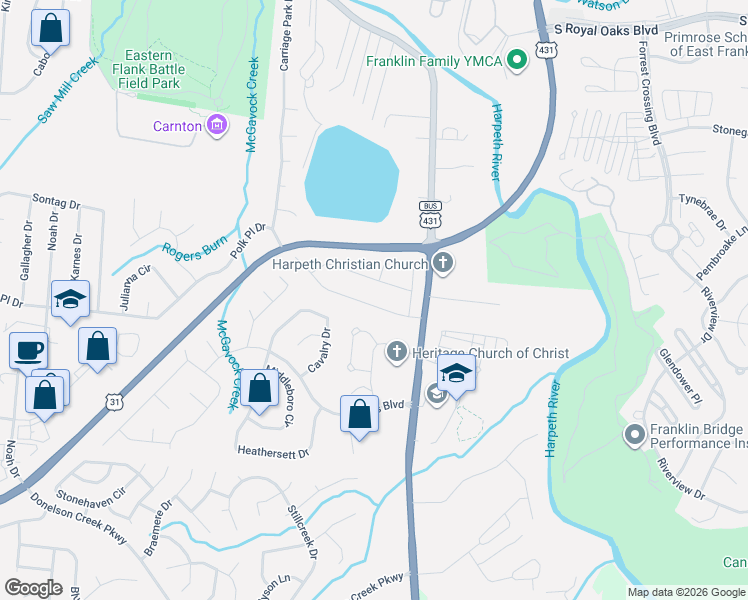 map of restaurants, bars, coffee shops, grocery stores, and more near 1019 Huntsmans Circle in Franklin