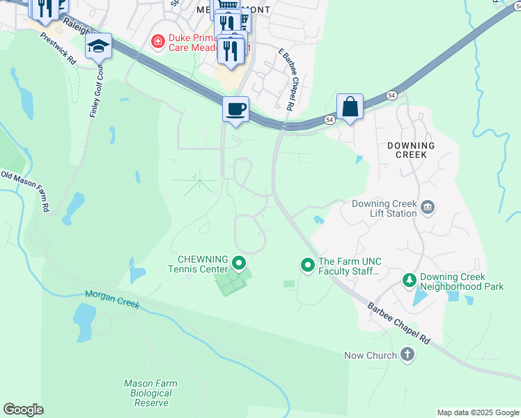 map of restaurants, bars, coffee shops, grocery stores, and more near 108 Finley Forest Drive in Chapel Hill