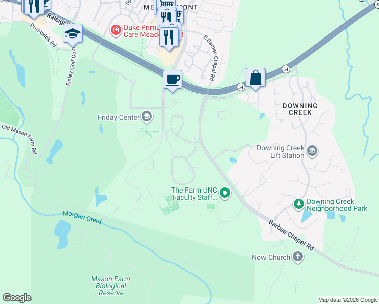 map of restaurants, bars, coffee shops, grocery stores, and more near 185 Summerwalk Circle in Chapel Hill