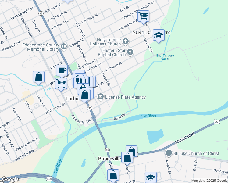 map of restaurants, bars, coffee shops, grocery stores, and more near 209 Saint David Street in Tarboro