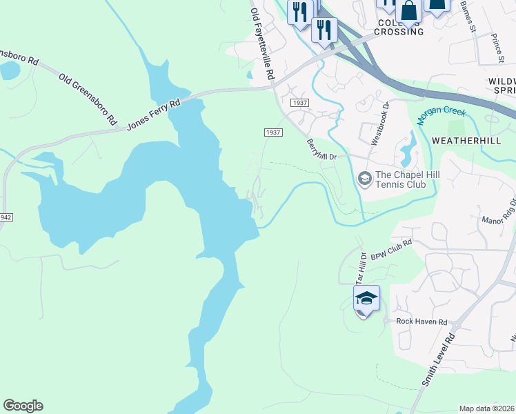 map of restaurants, bars, coffee shops, grocery stores, and more near 599 University Lake Road in Chapel Hill