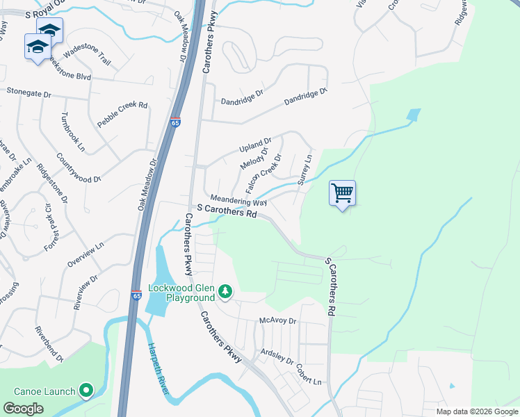 map of restaurants, bars, coffee shops, grocery stores, and more near 1052 Meandering Way in Franklin
