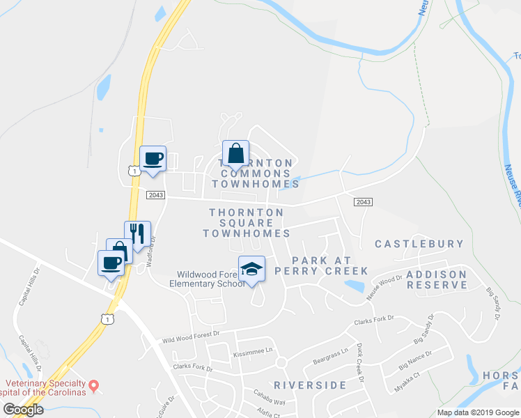 map of restaurants, bars, coffee shops, grocery stores, and more near 5205 Sandy Banks Road in Raleigh