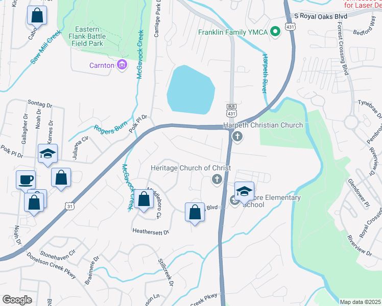 map of restaurants, bars, coffee shops, grocery stores, and more near 1150 Hunters Chase Drive in Franklin