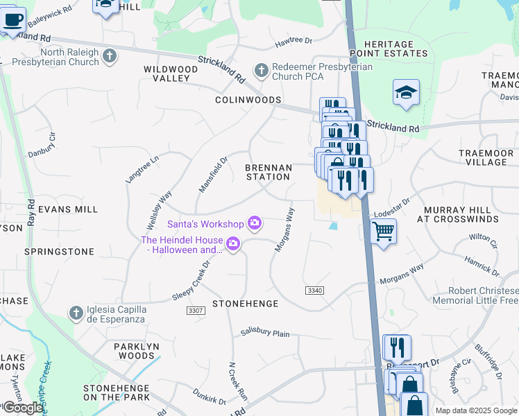 map of restaurants, bars, coffee shops, grocery stores, and more near 8713 Brandon Station Road in Raleigh
