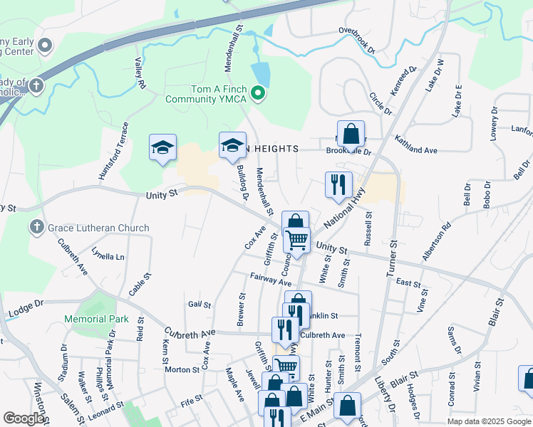 map of restaurants, bars, coffee shops, grocery stores, and more near 612 Unity Street in Thomasville