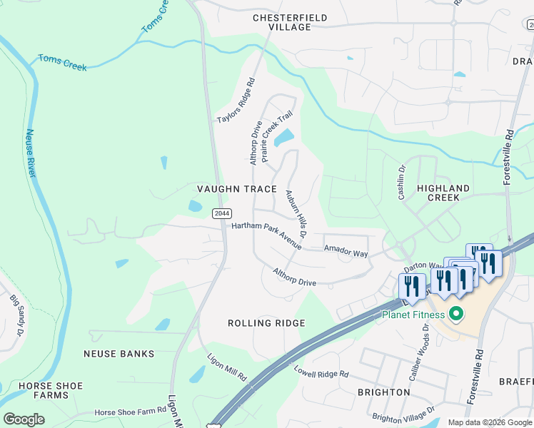 map of restaurants, bars, coffee shops, grocery stores, and more near 8001 Remington Heights Drive in Raleigh