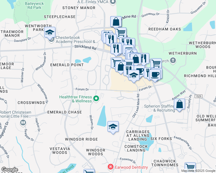 map of restaurants, bars, coffee shops, grocery stores, and more near 8700 Olde Station Drive in Raleigh