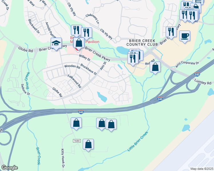 map of restaurants, bars, coffee shops, grocery stores, and more near 10151 Bruckhaus Street in Raleigh