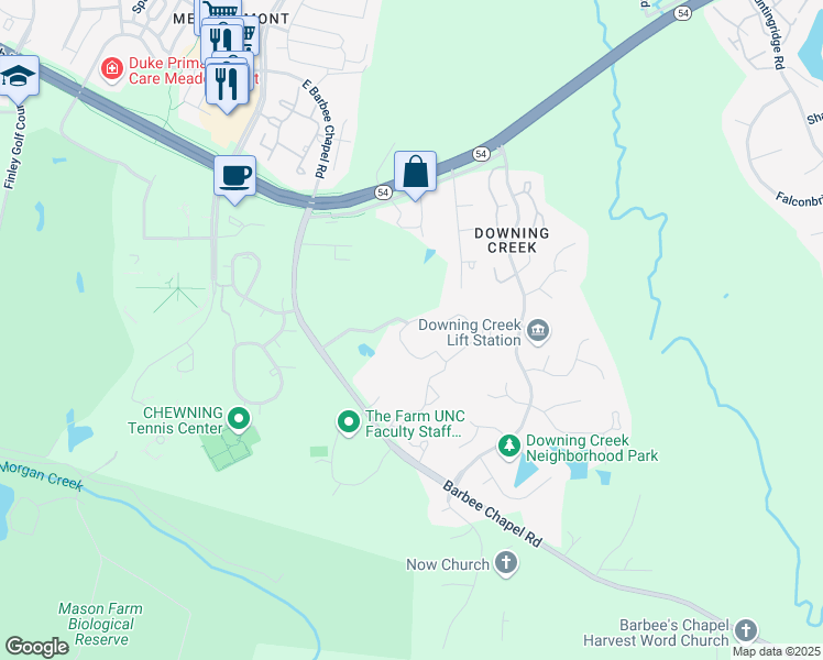 map of restaurants, bars, coffee shops, grocery stores, and more near 100 Spring Meadow Drive in Chapel Hill