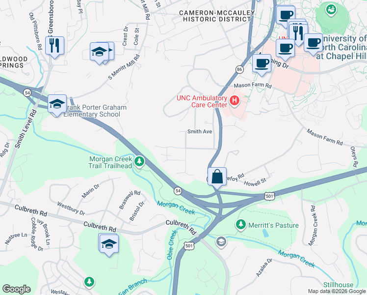 map of restaurants, bars, coffee shops, grocery stores, and more near 907 Dawes Street in Chapel Hill