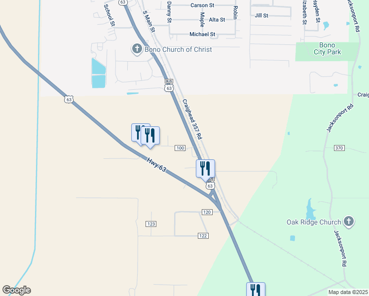 map of restaurants, bars, coffee shops, grocery stores, and more near 10259 US Highway 63 in Bono
