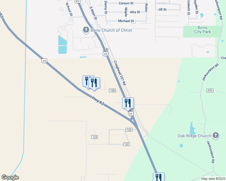 map of restaurants, bars, coffee shops, grocery stores, and more near 10259 US Highway 63 in Bono