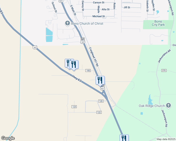 map of restaurants, bars, coffee shops, grocery stores, and more near 127 County Road 100 in Bono