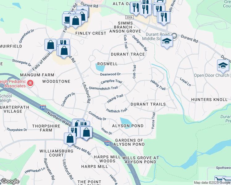 map of restaurants, bars, coffee shops, grocery stores, and more near 8704 Den Court in Raleigh