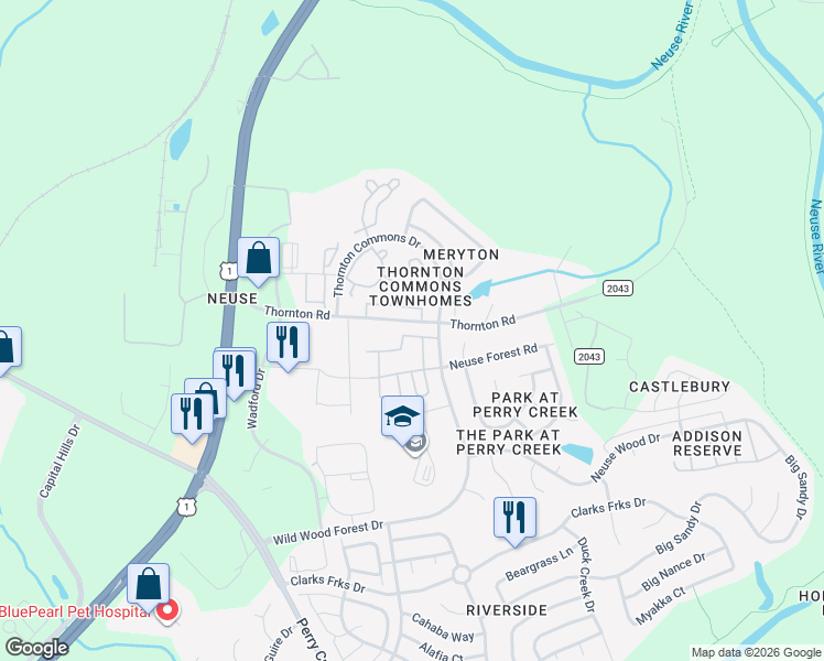 map of restaurants, bars, coffee shops, grocery stores, and more near 8850 Thornton Town Place in Raleigh