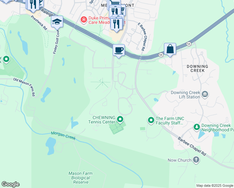 map of restaurants, bars, coffee shops, grocery stores, and more near 217 Summerwalk Circle in Chapel Hill