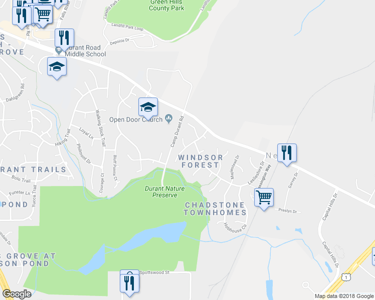 map of restaurants, bars, coffee shops, grocery stores, and more near 8536 Hawksmoor Drive in Raleigh