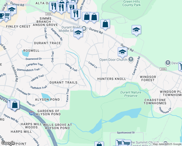 map of restaurants, bars, coffee shops, grocery stores, and more near 3229 Philmont Drive in Raleigh