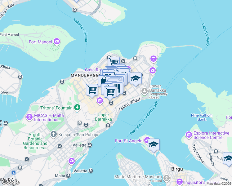 map of restaurants, bars, coffee shops, grocery stores, and more near in Valletta