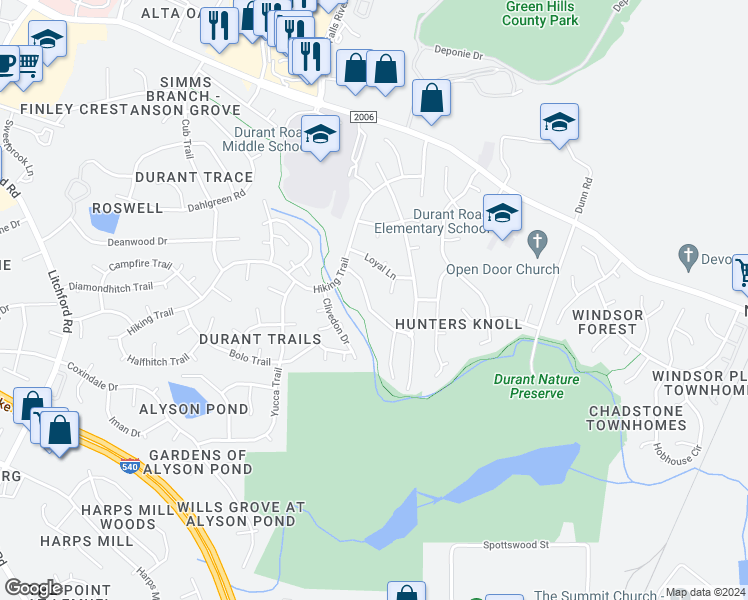 map of restaurants, bars, coffee shops, grocery stores, and more near 3229 Philmont Drive in Raleigh