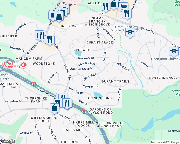 map of restaurants, bars, coffee shops, grocery stores, and more near 8704 Den Court in Raleigh