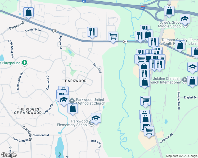 map of restaurants, bars, coffee shops, grocery stores, and more near 1718 Euclid Road in Durham