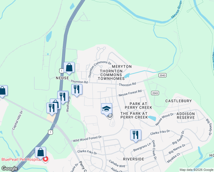 map of restaurants, bars, coffee shops, grocery stores, and more near 5147 Sandy Banks Road in Raleigh