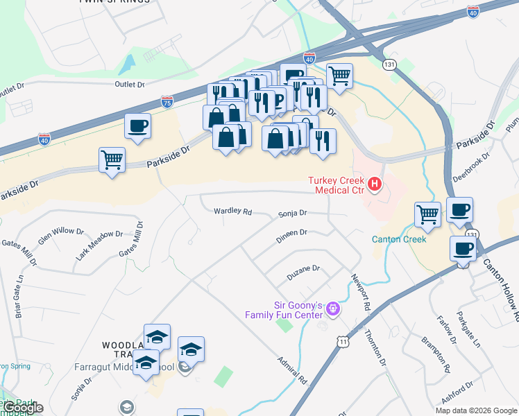 map of restaurants, bars, coffee shops, grocery stores, and more near 308 Wardley Road in Knoxville