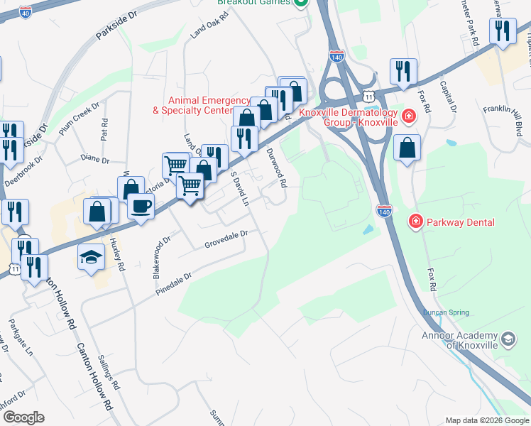 map of restaurants, bars, coffee shops, grocery stores, and more near 208 South David Lane in Knoxville