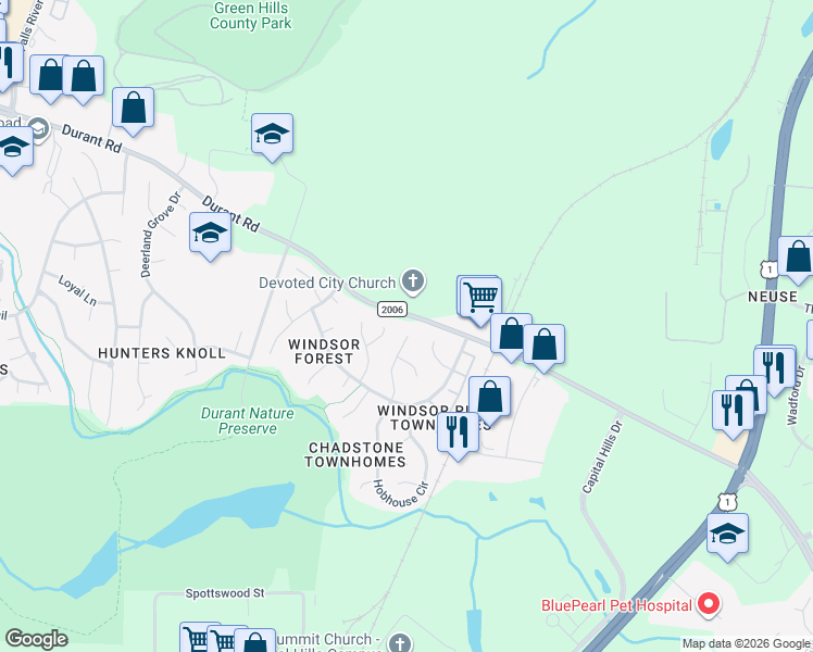 map of restaurants, bars, coffee shops, grocery stores, and more near 8817 Maplestead Drive in Raleigh