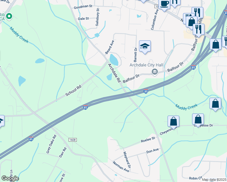 map of restaurants, bars, coffee shops, grocery stores, and more near 4400 Archdale Road in Trinity