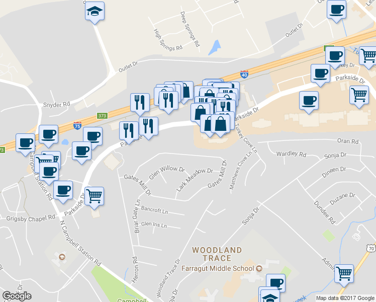 map of restaurants, bars, coffee shops, grocery stores, and more near 11400 Gates Mill Drive in Knoxville