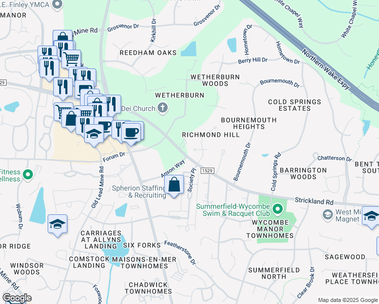 map of restaurants, bars, coffee shops, grocery stores, and more near 8717 Valentine Court in Raleigh