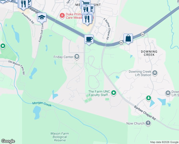 map of restaurants, bars, coffee shops, grocery stores, and more near 185 Summerwalk Circle in Chapel Hill