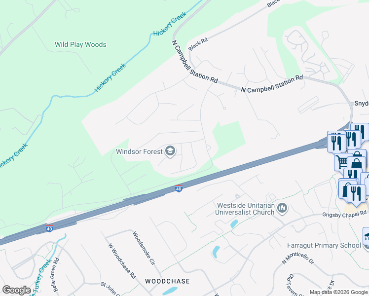 map of restaurants, bars, coffee shops, grocery stores, and more near 12030 Lillibridge Crossing Lane in Knoxville