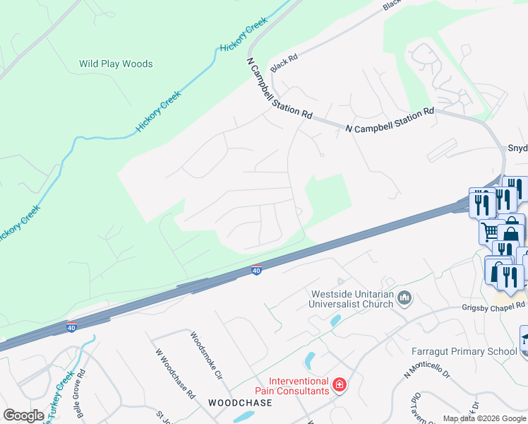 map of restaurants, bars, coffee shops, grocery stores, and more near 12030 Lillibridge Crossing Lane in Knoxville