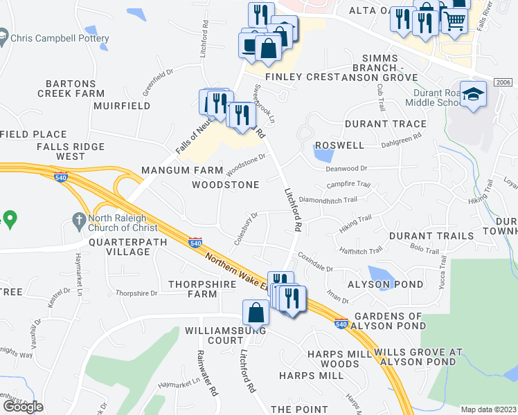 map of restaurants, bars, coffee shops, grocery stores, and more near 8821 Colesbury Drive in Raleigh