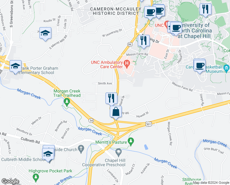 map of restaurants, bars, coffee shops, grocery stores, and more near 823 Old Pittsboro Road in Chapel Hill