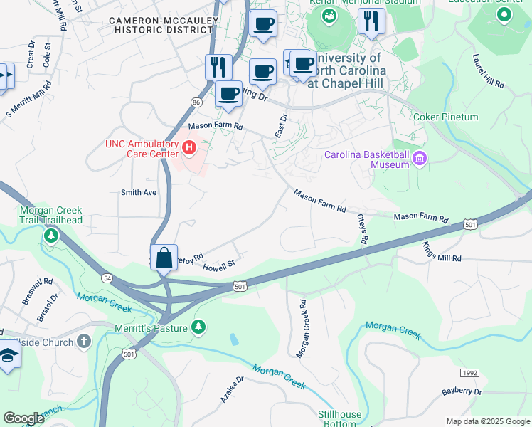 map of restaurants, bars, coffee shops, grocery stores, and more near 112 Purefoy Road in Chapel Hill