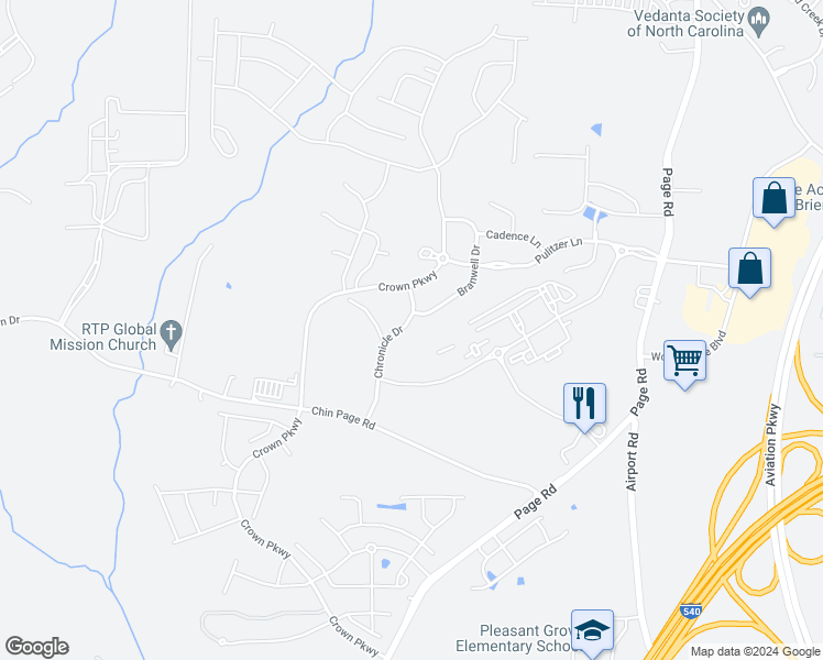 map of restaurants, bars, coffee shops, grocery stores, and more near 1216 Chronicle Drive in Durham