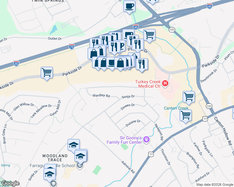 map of restaurants, bars, coffee shops, grocery stores, and more near 308 Wardley Road in Knoxville