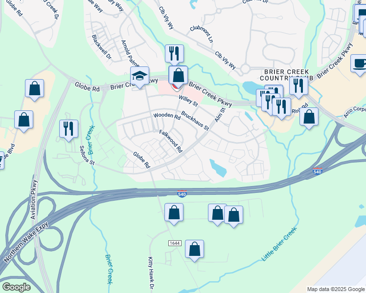 map of restaurants, bars, coffee shops, grocery stores, and more near 9102 Bunnwood Lane in Raleigh