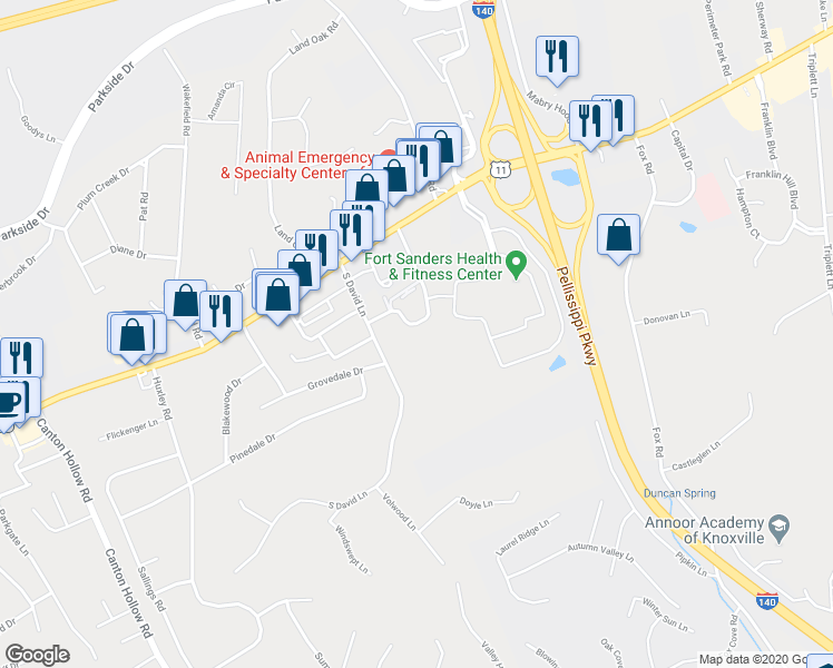 map of restaurants, bars, coffee shops, grocery stores, and more near 134 Durwood Road in Knoxville